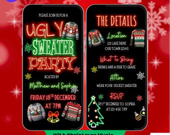 Ugly Sweater Christmas Party Invitation. Digital Animated Neon Xmas Party Invite With Music. DIY Template.