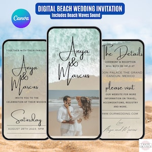 Beach Wedding Invitation with Photo and Waves Sound. Digital Animated Destination Wedding Invite. Tropical eVite. DIY Editable Template.