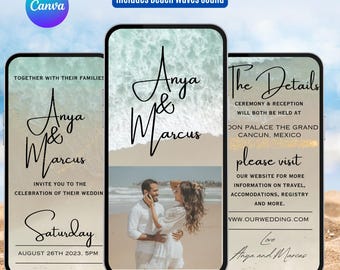 Beach Wedding Invitation with Photo and Waves Sound. Digital Animated Destination Wedding Invite. Tropical eVite. DIY Editable Template.