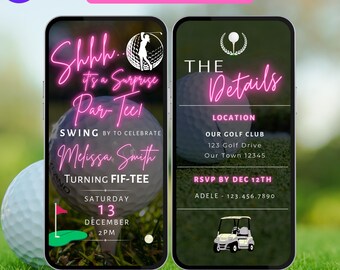 Golf Birthday Invite. Digital Surprise Golfing Birthday Party Invitation. Neon Pink Womens Golfer Sports eVite. DIY Editable Template.