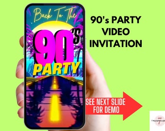 Vidéo d'invitation à une fête d'anniversaire des années 90. Cette invitation numérique est parfaite pour toute célébration sur le thème des années 90. Facile à modifier et à envoyer.