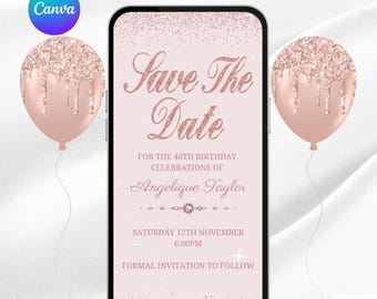 Modello di invito di compleanno "Save the Date" in oro rosa per donne. Elegante invito animato rosa per feste femminili di qualsiasi età. Modello fai da te Evite.