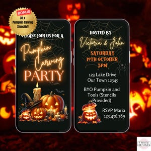 Pumpkin Carving Party Invitation. Digital Animated Halloween Party with Bonus 35 x Pumpkin Carving Stencils. Kids Adults Fun eVite Template.