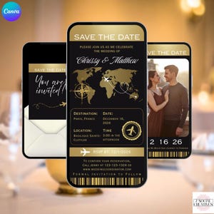 May include: Three smartphones displaying wedding invitations. The main invitation is black and gold, with a world map design, compass, and the text "Save the Date." The invitation includes the names Chrissy & Matthew, destination, date, and RSVP information.
