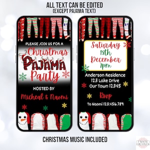 Puede incluir: Una invitaci&oacute;n digital para una fiesta de pijamas de Navidad. La invitaci&oacute;n presenta un fondo negro con pijamas de cuadros rojos y verdes, copos de nieve y el texto "Por favor, &uacute;nase a nosotros para una fiesta de pijamas de Navidad" y "Organizado por Micheal & Naomi". La invitaci&oacute;n tambi&eacute;n incluye la fecha, la hora y la ubicaci&oacute;n de la fiesta.
