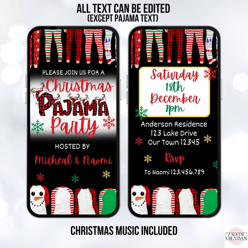 Puede incluir: Una invitaci&oacute;n digital para una fiesta de pijamas de Navidad. La invitaci&oacute;n presenta un fondo negro con pijamas de cuadros rojos y verdes, copos de nieve y el texto "Por favor, &uacute;nase a nosotros para una fiesta de pijamas de Navidad" y "Organizado por Micheal & Naomi". La invitaci&oacute;n tambi&eacute;n incluye la fecha, la hora y la ubicaci&oacute;n de la fiesta.