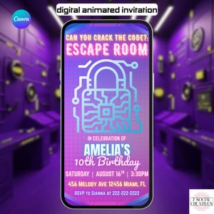 Könnte beinhalten: Digitale animierte Einladung zum 10. Geburtstag von Amelia. Das Design zeigt eine stilisierte Schlossgrafik mit den Worten "ESCAPE ROOM" in großen Buchstaben. Die Einladung enthält Datum, Uhrzeit und Ort: 456 Melody Ave, Miami, FL. RSVP-Details sind ebenfalls angegeben.
