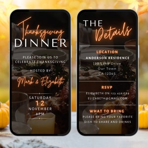 Digital Thanksgiving Dinner Invitation. Elegant Modern Family Party Invite.  Animated Video. Editable Template. Easy To Edit, Send by Phone.