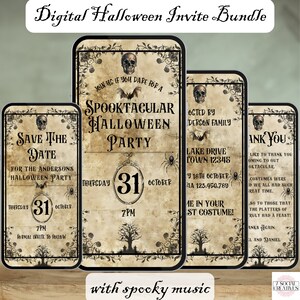 Vintage Halloween-festpaket. Digitalt "Save the date", inbjudnings- och tackpaket. Tre gör-det-själv-mallar för den perfekta kusliga festen.