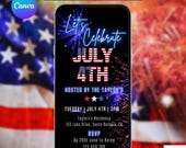July 4th Invitation With Fireworks. Digital Independence Day Party Invite. Animated BBQ or Bonfire Celebration eVite. DIY Editable Template.