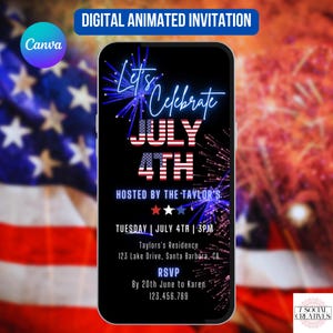 Invito per il 4 luglio con fuochi d'artificio. Invito digitale per la festa del Giorno dell'Indipendenza. Invito elettronico animato per barbecue o falò. Modello modificabile fai da te.