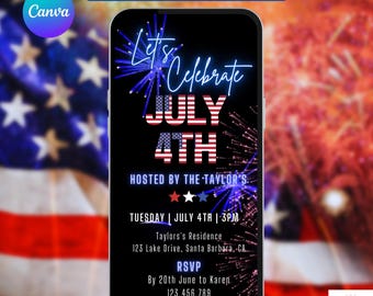 July 4th Invitation With Fireworks. Digital Independence Day Party Invite. Animated BBQ or Bonfire Celebration eVite. DIY Editable Template.