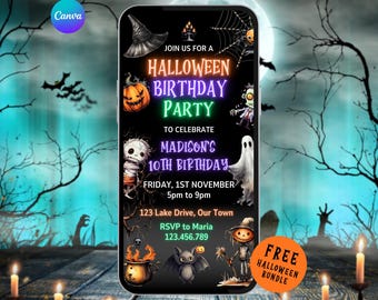 Halloween Birthday Party Invitation with Music. Digital Girls or Boys Invite. Costume Party for Kids, Teens or Adults. DIY Template.