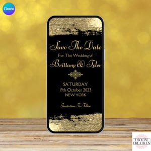 Digital Wedding Save The Date Invitation in Black and Gold. Elegant Modern Animated Wedding Save Dates Invite.  DIY Editable Template.