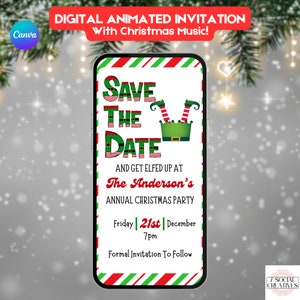 Puede incluir: Una invitación animada digital con un borde rayado rojo y verde. La invitación dice "Save the Date" con una ilustración de un elfo. El texto dice "And get elfed up at The Anderson's Annual Christmas Party, Friday 21st December 7pm. Formal Invitation To Follow."