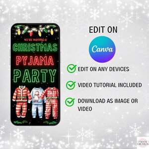 May include: A digital invitation for a Christmas pyjama party. The invitation features a black background with neon green and red text that reads "We're having a Christmas Pyjama Party". Three cartoon characters wearing pyjamas are standing in front of the text. The invitation is displayed on a smartphone screen.