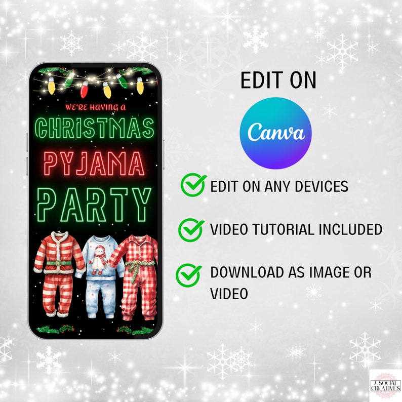 May include: A digital invitation for a Christmas pyjama party. The invitation features a black background with neon green and red text that reads "We're having a Christmas Pyjama Party". Three cartoon characters wearing pyjamas are standing in front of the text. The invitation is displayed on a smartphone screen.