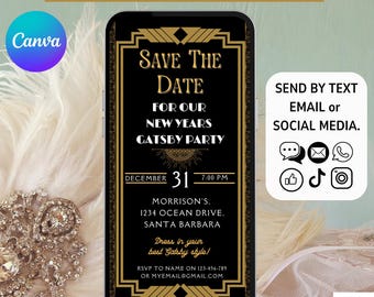 Invito Save The Date per la festa di Capodanno Gatsby. Invito animato digitale elegante NY Eve 2024 tema retrò anni '20. Modello modificabile Art Déco.