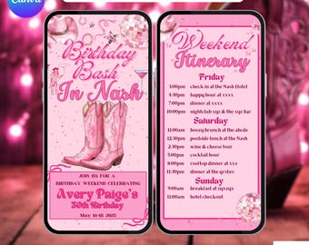 May include: A digital animated invitation displayed on two smartphone screens with a pink theme. The left screen features pink cowboy boots, a disco ball, and text reading Birthday Bash In Nash for Avery Paige's 30th Birthday. The right screen lists a weekend itinerary.