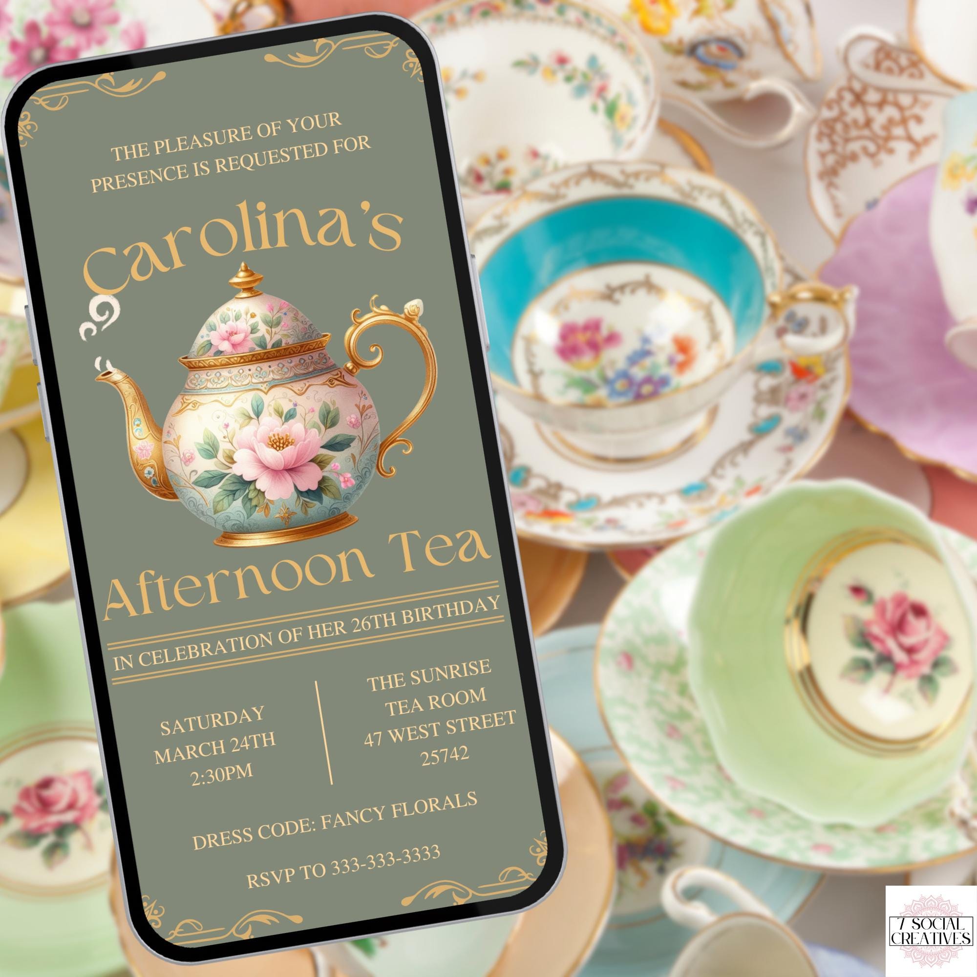 Birthday Tea Party Invitation. Digital Animated Elegant Green and Gold ...