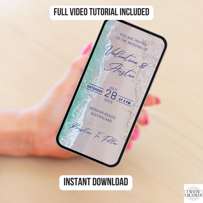 Destination Wedding Invitation. Digital Animated Beach Tropical Wedding Invite with Waves. DIY Editable Template. image 5