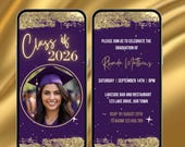 Class of 2026 Graduation Invite with Photo. Digital Purple and Gold Grad Party Invitation. College, University or High School Graduate eVite