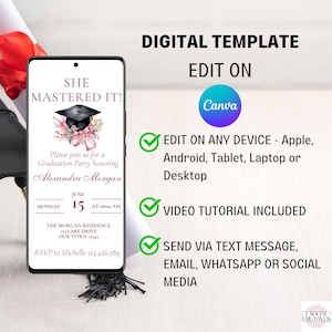 May include: A digital template for a graduation party invitation. The template features a pink and green floral design with a graduation cap and the text "She Mastered It!" The template is customizable and can be edited on Canva. The text on the template reads "Please join us for a Graduation Party honoring Alexandra Morgan. Monday, June 15 at 8:00 AM. The Morgan Residence, 123 Lake Drive, Our Town 12345. RSVP to Michelle 123.456.789."