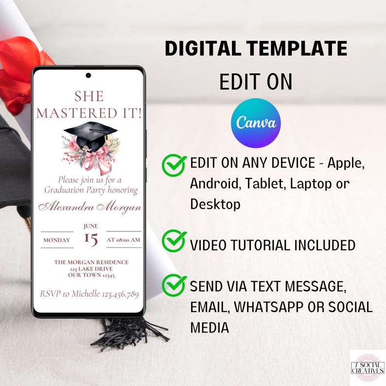 May include: A digital template for a graduation party invitation. The template features a pink and green floral design with a graduation cap and the text "She Mastered It!" The template is customizable and can be edited on Canva. The text on the template reads "Please join us for a Graduation Party honoring Alexandra Morgan. Monday, June 15 at 8:00 AM. The Morgan Residence, 123 Lake Drive, Our Town 12345. RSVP to Michelle 123.456.789."