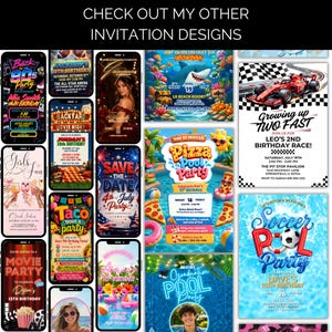May include: A digital collage of various event invitation designs featuring themes like 80s parties, movie nights, birthdays, pool parties, and racing events. The collection includes colorful graphics, text, and layouts for mobile and print formats.