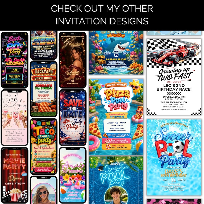 May include: A digital collage of various event invitation designs featuring themes like 80s parties, movie nights, birthdays, pool parties, and racing events. The collection includes colorful graphics, text, and layouts for mobile and print formats.