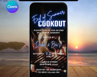End of Summer Cookout Invitation. Digital Animated Backyard Barbeque Party Invite for Family and Friends. DIY Editable Canva Template.