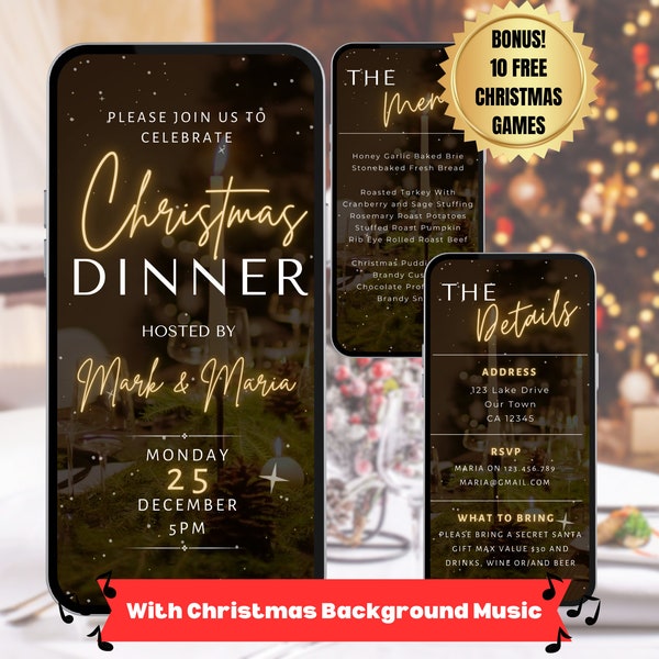 Digital Christmas Dinner Invitation With Menu.  Animated Video Xmas Dinner Invite With Festive Holiday Music.  Editable Template.