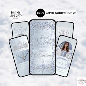 May include: A digital website invitation template for a Sweet Sixteen celebration featuring a light blue and silver color palette with floral and crystal accents. The design includes text for a venue, RSVP, and event details for Madeline.