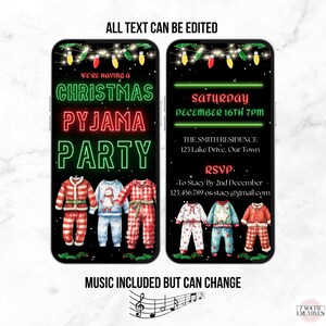 May include: A Christmas pyjama party invitation with a black background and green and red neon text. The text reads "We're having a Christmas Pyjama Party" and "Saturday December 16th 7PM". There are illustrations of people in pyjamas.