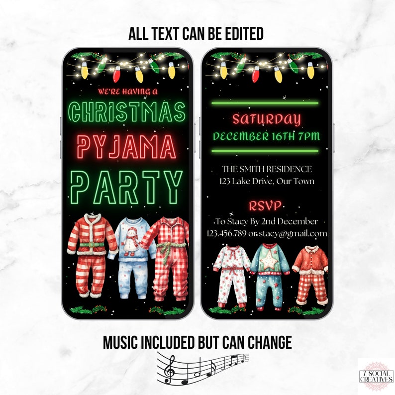 May include: A Christmas pyjama party invitation with a black background and green and red neon text. The text reads "We're having a Christmas Pyjama Party" and "Saturday December 16th 7PM". There are illustrations of people in pyjamas.