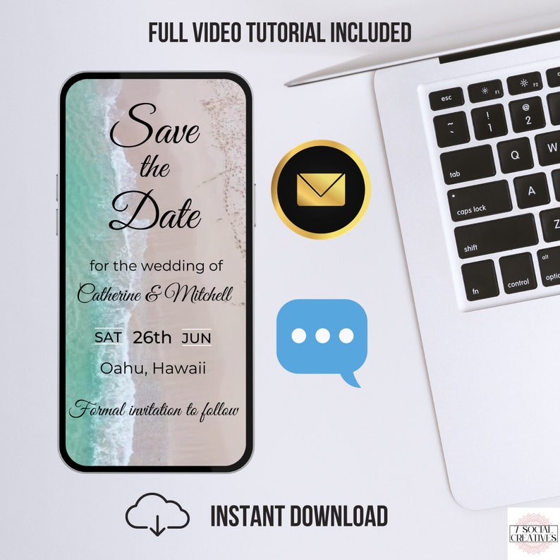 May include: A digital save the date card with a beach background. The text reads "Save the Date for the wedding of Catherine & Mitchell, SAT 26th JUN, Oahu, Hawaii. Formal invitation to follow."