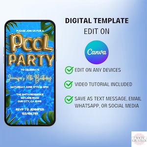 May include: Digital template for a pool party invitation. The invitation features a blue pool background with a gold foil "Pool Party" banner. The text "Please join us for a" is at the top of the invitation. The text "To celebrate Jennifer's 16th Birthday" is below the banner. The text "Saturday June 17th @ 3PM" is below the birthday text. The text "The Smith Residence 123 Lake Road Our City, CA 12345" is below the date and time. The text "RSVP to Jennifer 123.456.789" is at the bottom of the invitation. The invitation is surrounded by green palm leaves.