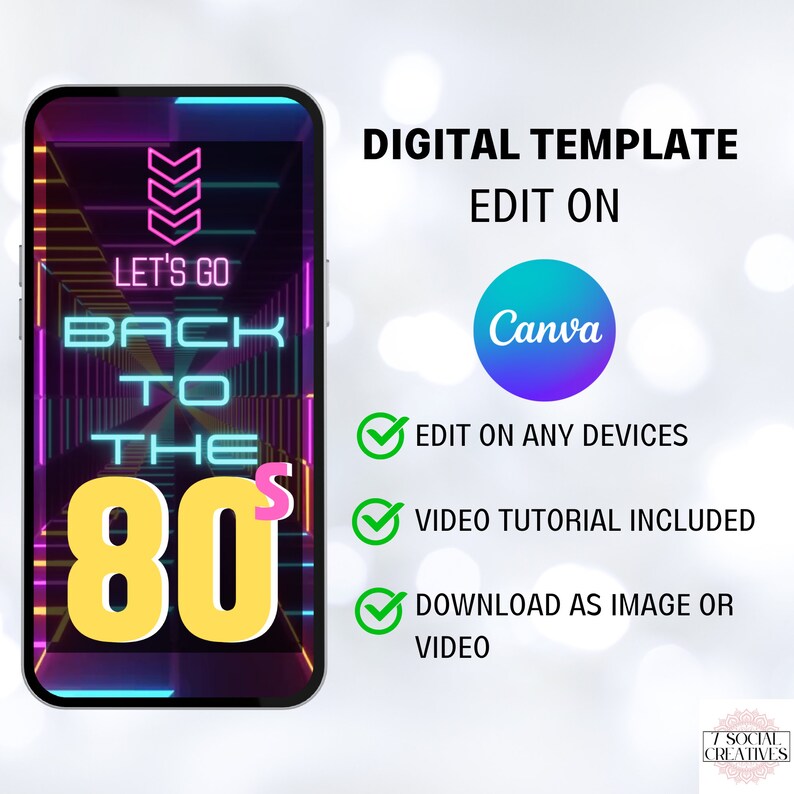 Op de afbeelding: Een digitaal sjabloon voor Canva met een retro 80s-thema. Het sjabloon bevat een neonroze en blauwe tunnel met de tekst "Let's Go Back to the 80s". Het sjabloon is bewerkbaar op elk apparaat en bevat een videozelfstudie.