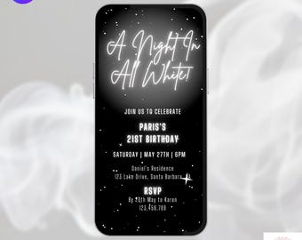 White Party Invitation.  Announce Your Night In All White With This Black and White Neon Animated Invite.  Simple To Edit And Send.