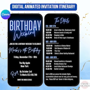 Men&#39;s Birthday Weekend Invitation Itinerary. Digital Animated Party Getaway for Him. Black and Blue Theme eVite. DIY Editable Template.