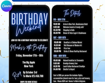 Men&#39;s Birthday Weekend Invitation Itinerary. Digital Animated Party Getaway for Him. Black and Blue Theme eVite. DIY Editable Template.