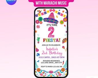 Fiesta 2nd Birthday Invitation. Digital Animated Girls Party Invite with Mariachi Music. Fun Colorful Themed eVite. DIY Editable Template.