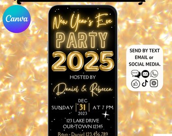 Invito per la vigilia di Capodanno 2025. Elegante modello di invito digitale animato per la festa di Capodanno in nero e oro. Modello modificabile fai da te.