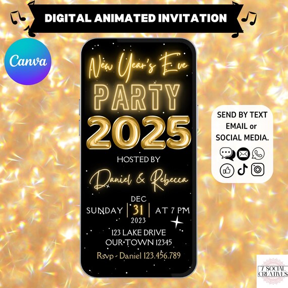 2025 New Years Eve Invite.  Elegant Digital Animated New Years Party Invitation Template in Black and Gold. DIY Editable Tempalte.