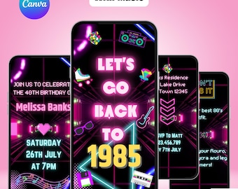 80s Party Invitation.  Digital Back To 1985 Animated Birthday Invite with Music.  Neon Eighties 1980s Retro eVite.  DIY Editable Template.