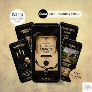 Puede incluir: Una plantilla de invitación digital para una fiesta de Halloween mostrada en varias pantallas de teléfonos inteligentes. El diseño presenta un esquema de color negro y beige con tipografía gótica, una calavera, velas y un sello de cera. El texto incluye Spooktacular Halloween Party, Countdown to Midnight, Costume Contest y The Venue.