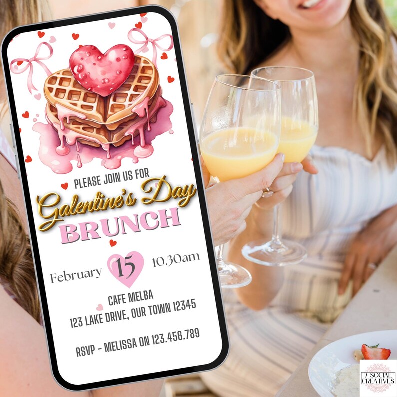 May include: A pink and gold digital invitation for a Galentine's Day brunch. The invitation features a heart-shaped waffle with pink icing and a pink heart on top. The text on the invitation reads "Please join us for Galentine's Day Brunch, February 15, 10:30am, Cafe Melba, 123 Lake Drive, Our Town 12345, RSVP - Melissa on 123.456.789."