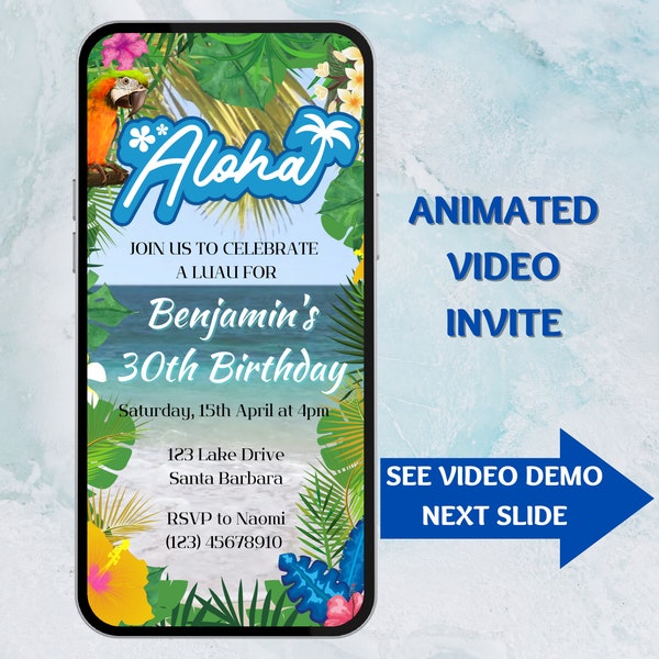 Digital Aloha Luau Video Editable Invite With Waves and Ukulele Happy Birthday Song. Hawaiian or Tropical Birthday Invitation. Send by Phone