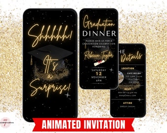 Surprise Graduation Dinner Invitation. Digital Animated College or High School Grad Invite. DIY Editable Template. Easy To Edit and Send.