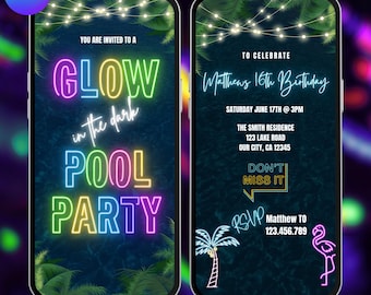 Glow Pool Party Invitation Video. Neon Glow In The Dark Electronic Invite. Teen, Teenager, Girl or Boy Phone eVite. DIY Editable Template
